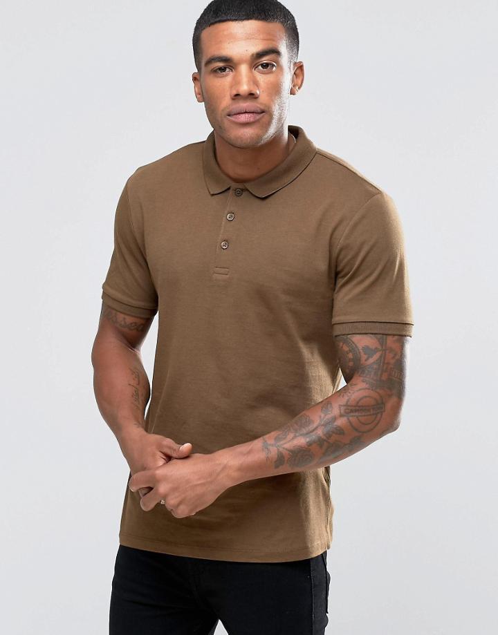 Asos Jersey Polo Shirt In Brown - Green