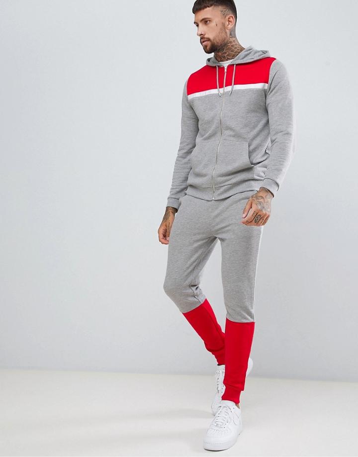 Asos Design Tracksuit Zip Up Hoodie/ Skinny Joggers With Color Blocking - Gray