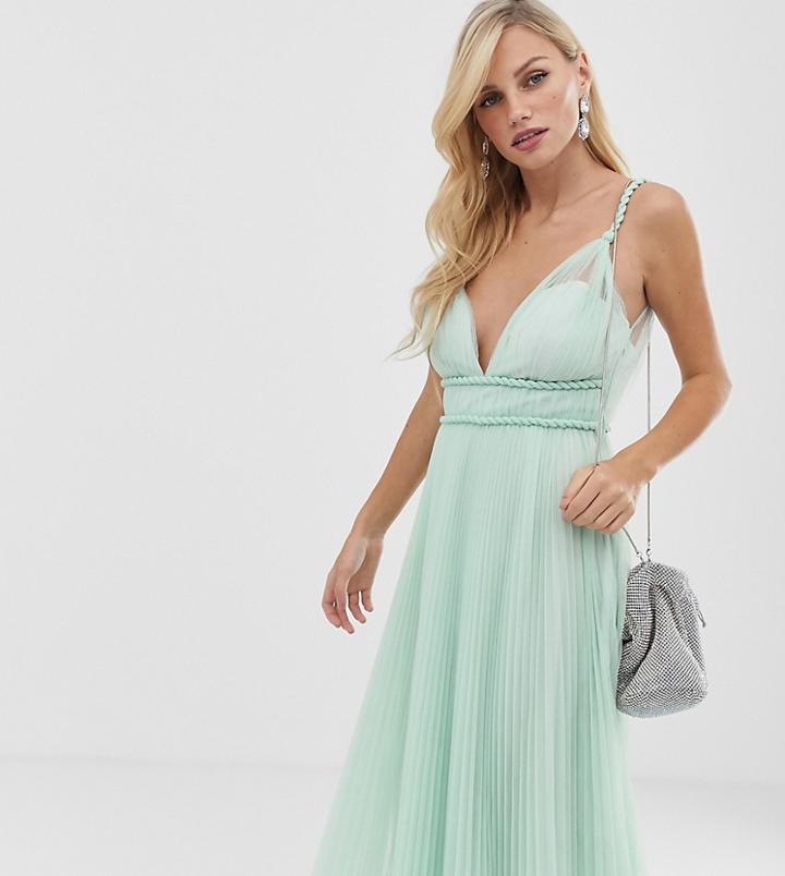 Asos Design Twist Strap Plunge Tulle Midi Dress - Green