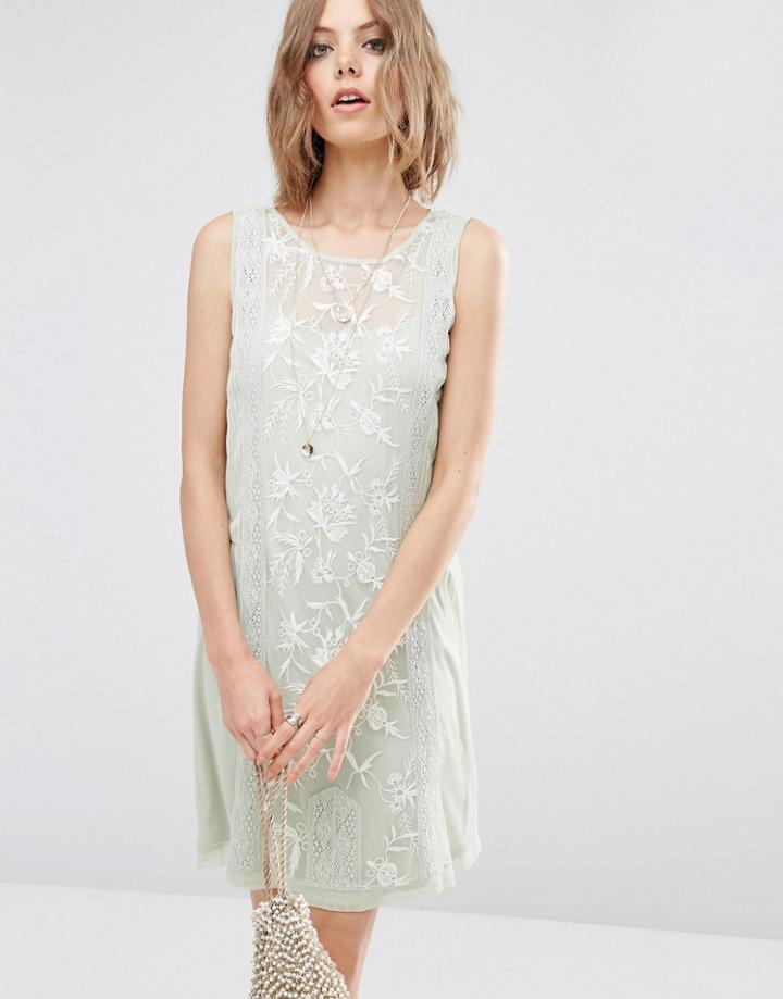 Asos Premium Sleeveless Dress With Embroidery - Green