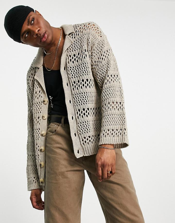 Topman Crochet Cardigan With Revere Collar In Ecru-white