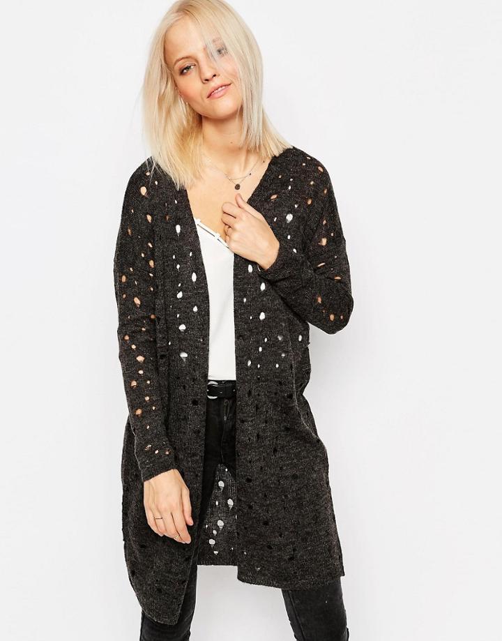 Only Dessi Hole Textured Longline Cardigan - Dark Gray