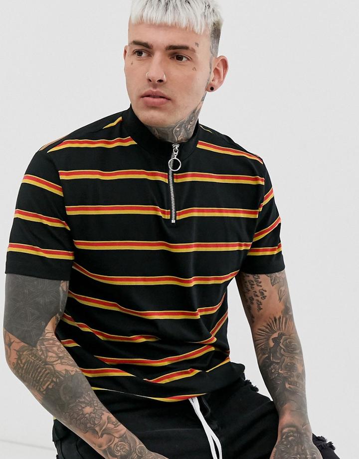 Asos Design Relaxed Striped T-shirt With Turtleneck - Black