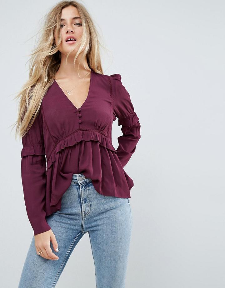 Asos Smock Blouse With Lace And Ruffle Detail - Black