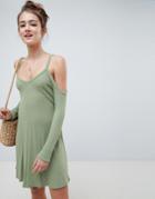 Asos Design Cold Shoulder Mini Swing Dress - Green