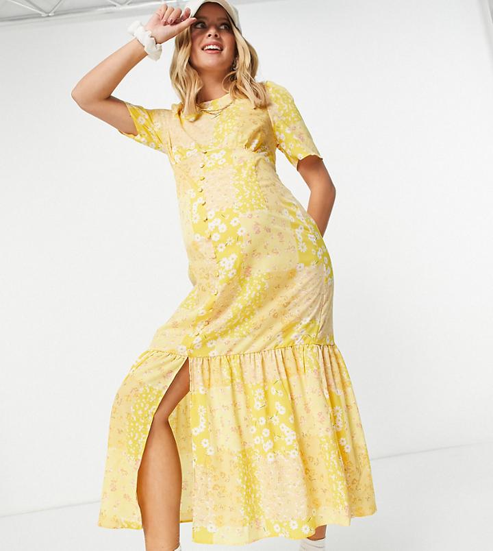 Asos Design Maternity Pephem Midi Tea Dress In Yellow Mixed Daisy Floral Print-multi