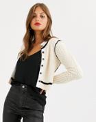 Asos Design Contrast Trim Cardigan In Textured Yarn-cream
