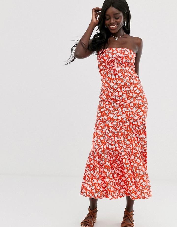 Asos Design Bandeau Tie Front Maxi In Floral Print - Multi