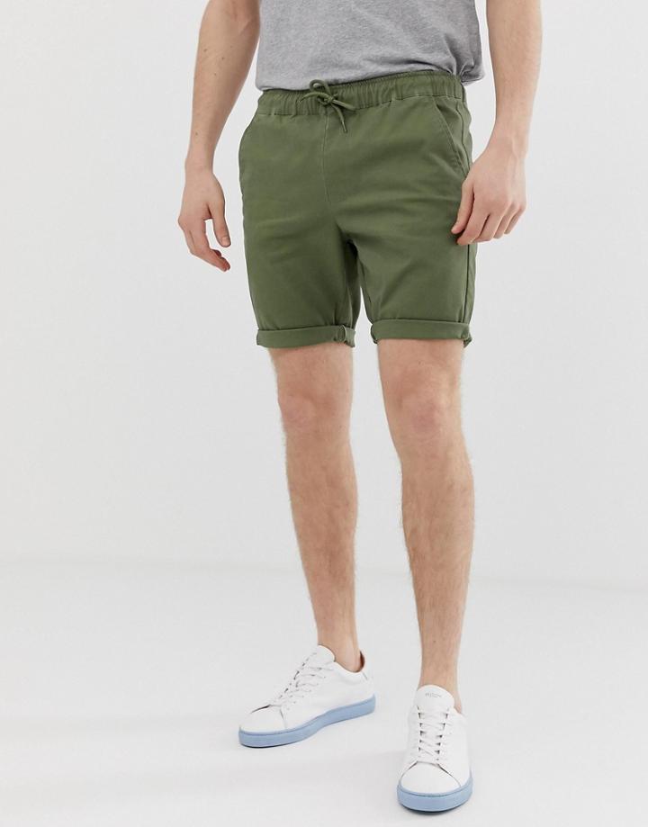 Asos Design Skinny Chino Shorts With Elastic Waist In Khaki - Green