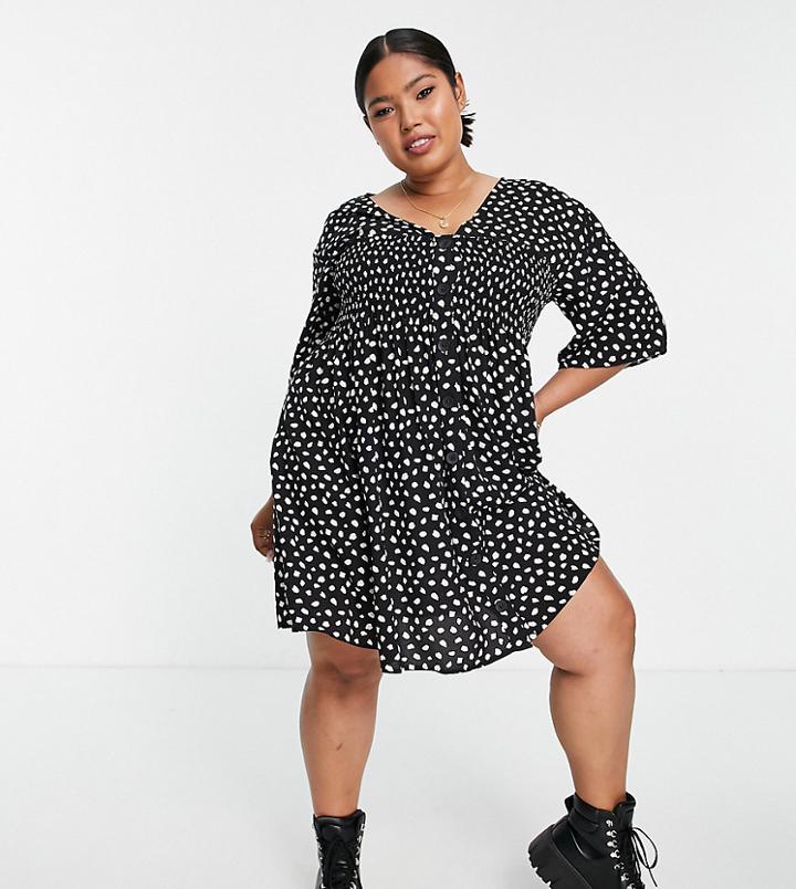 Asos Design Curve Shirred Button Through Mini Smock Dress In Mono Animal-multi