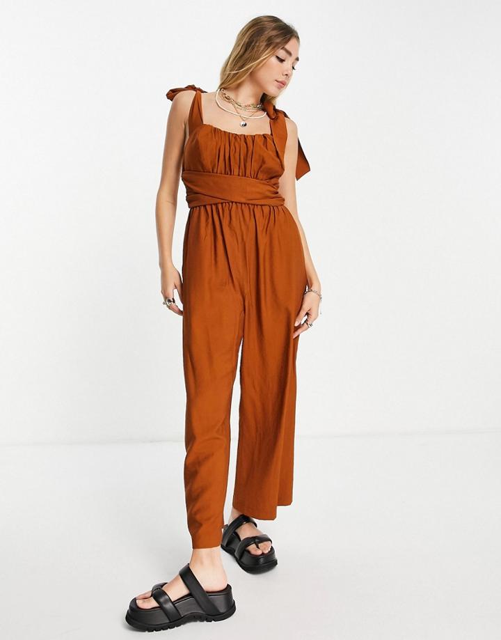 Topshop Tie Sleeve Jumpsuit In Rust-brown