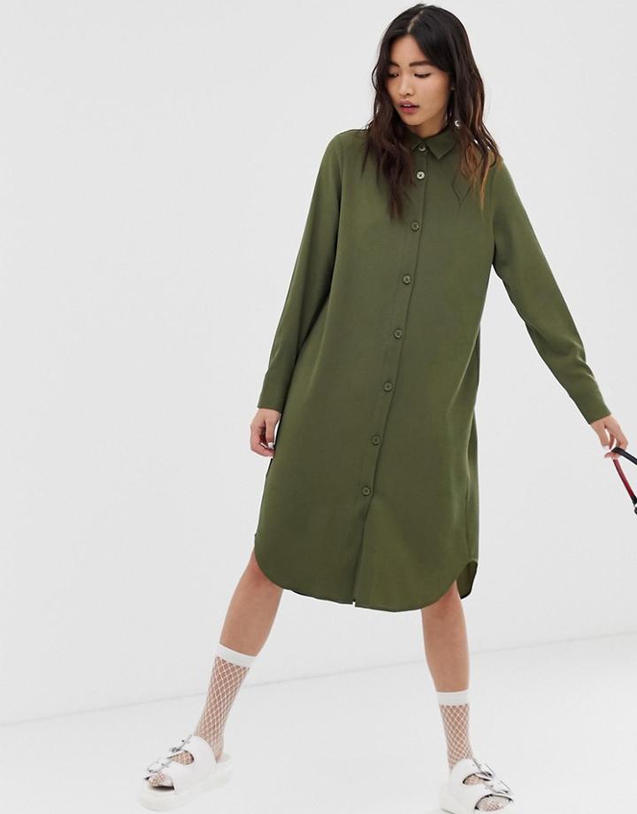 Monki Midi Shirt Dress In Khaki-green