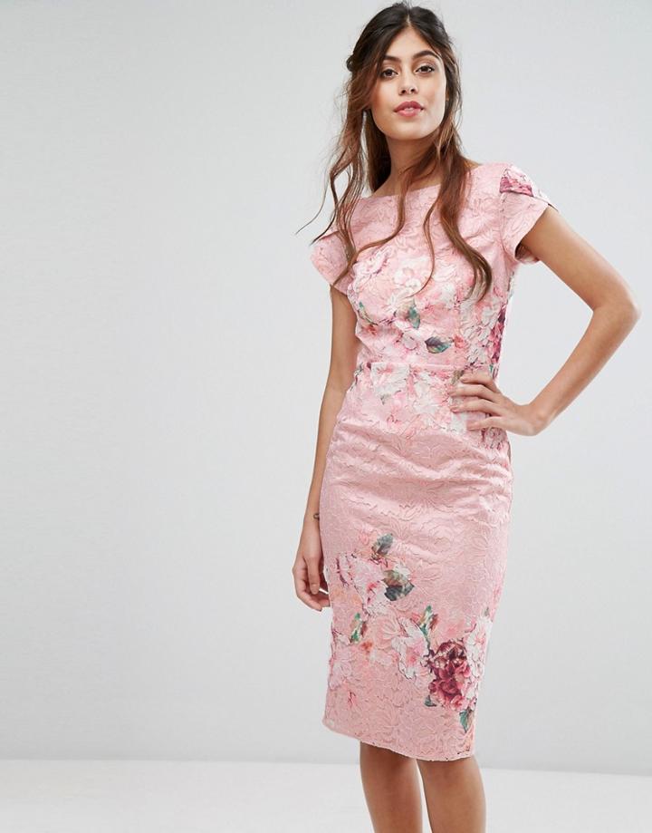 Little Mistress Lace Midi Pencil Dress In Floral - Multi