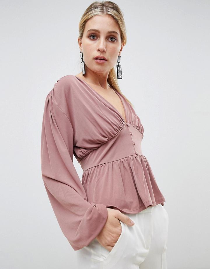 Asos Design Long Sleeve Top With Balloon Sleeve And Corset Waist - Pink