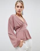 Asos Design Long Sleeve Top With Balloon Sleeve And Corset Waist - Pink