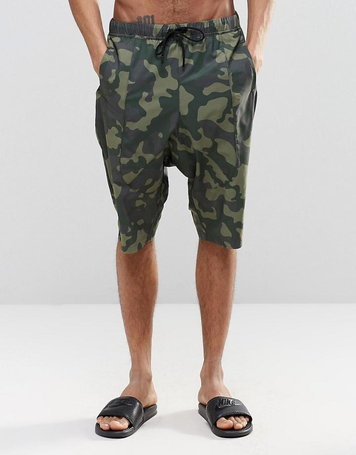 Asos Drop Crotch Swim Shorts With Camo Print - Green