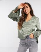 River Island Satin Relaxed Luxe V-neck Blouse In Sage-green