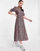 River Island Floral Tie Back Puff Sleeve Midi Dress In Pink