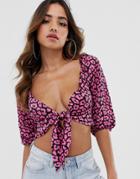 Club L Bardot Gathered Sleeve Tie Top In Animal Print - Multi