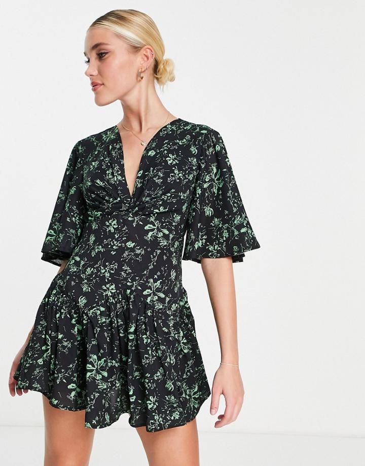 Love Triangle Flutter Sleeve Romper In Autumn Floral-multi