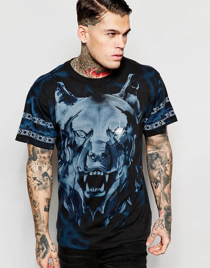 Diesel T-shirt T-wallace-c Crewneck All Over Wolf Print In Black - Black