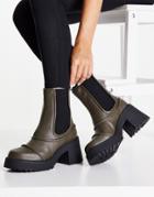 Asos Design Reason Chunky Mid-heel Boots In Khaki-green