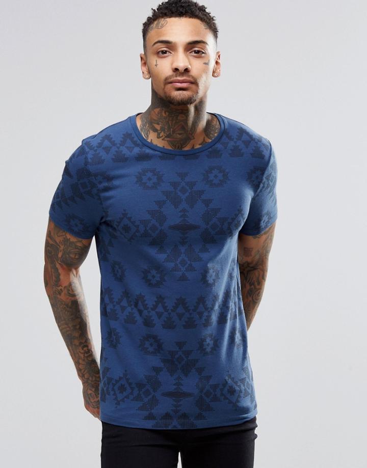 Asos Muscle T-shirt With Tonal Geo-tribal Print - Navy