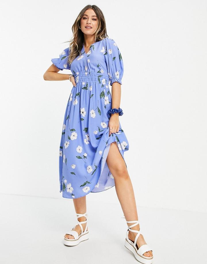 Nobody's Child V Neck Midi Tea Dress In Blue Floral-blues