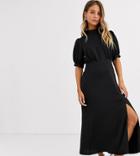 New Look High Neck Split Midi Dress In Black Satin