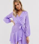 Flounce London Satin Mini Wrap Dress In Lilac-purple