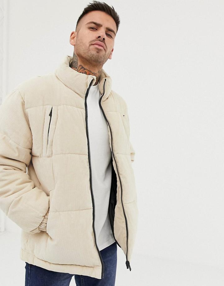 Bershka Cord Puffer Jacket In Beige - Beige