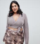 Prettylittlething Plus Flared Sleeve Wrap Crop Top In Taupe - Red