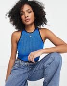 Asos Design Knitted Racer Tank Top With Cross Back Detail In Blue-purple