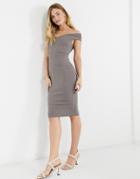 Vesper Off-shoulder Pencil Midi Dress In Dusky Brown