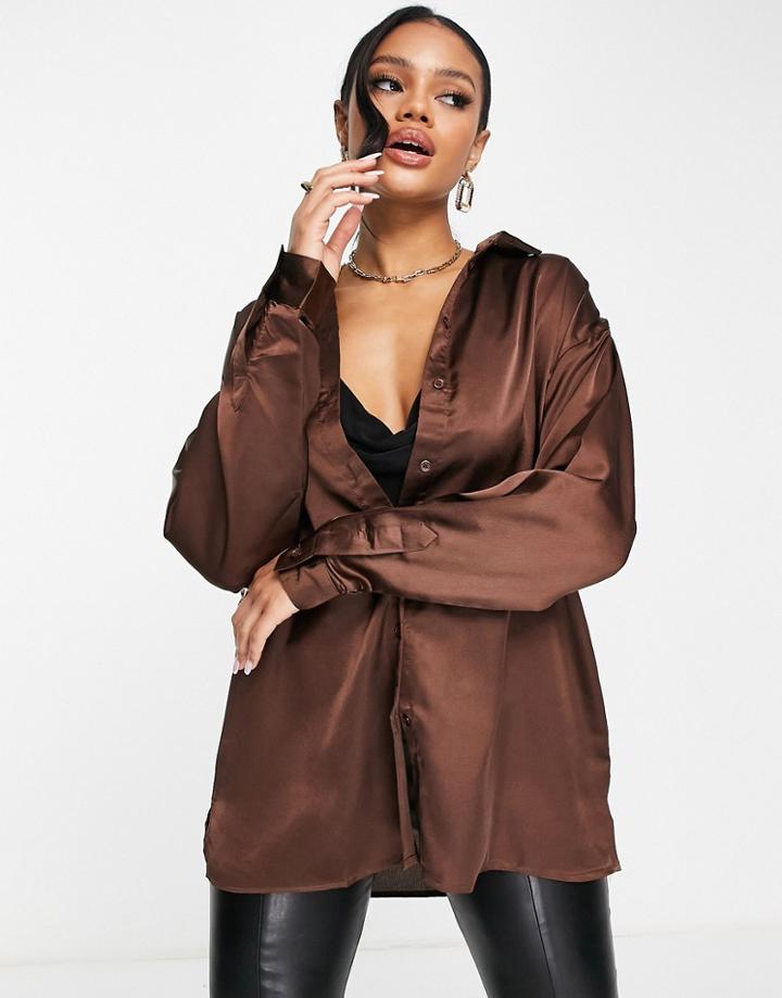 Missguided Oversized Satin Shirt In Chocolate-brown