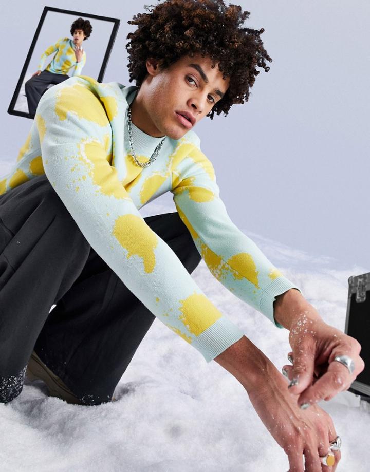 Asos Design Knitted Muscle Fit Sweater With Acid Splash Design In Mint Green