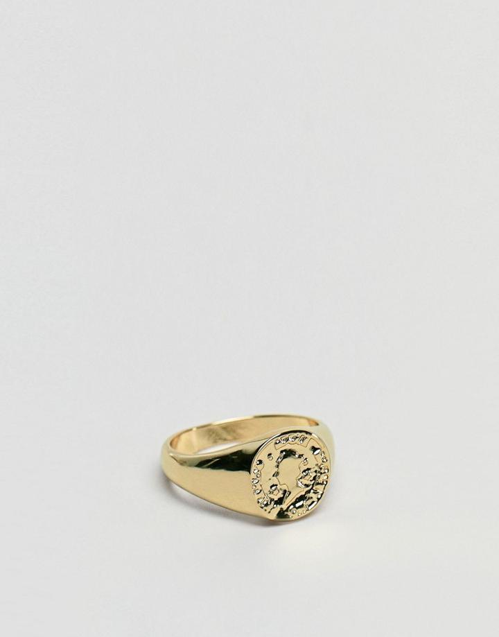 Asos Design Pinky Ring With Coin In Gold Tone
