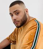 Asos Design Plus Oversized Longline T-shirt With Half Sleeve In Velour With Embellished Gems And Taping - Gold