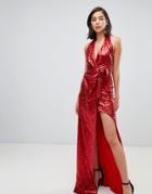 City Goddess Halter Neck Sequin Maxi Dress With Split Detail - Red