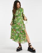 Topshop Long Sleeve Open Back Midi Dress In 70s Retro Floral-multi