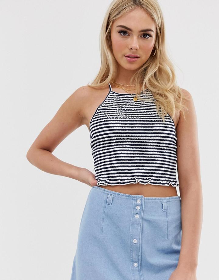 Asos Design Halter Neck Top In Shirred Stripe-multi