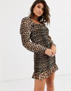 Asos Design Shirred Mini Dress In Leopard Print