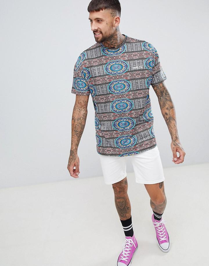 Roadies Of 66 Oversized T-shirt In Geo-tribal Print - Multi