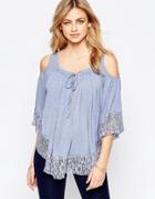 Hazel Lace Trim Swing Cold Shoulder Top - Blue