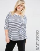 Asos Curve Round Neck T-shirts In Stripes With Long Sleeves - Navy
