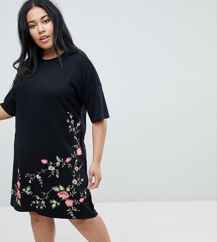 Asos Design Curve Embroidered Hem T-shirt Dress With Hi Lo Hem - Black