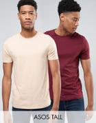 Asos Tall 2 Pack T-shirt In Beige/pink With Crew Neck Save - Multi