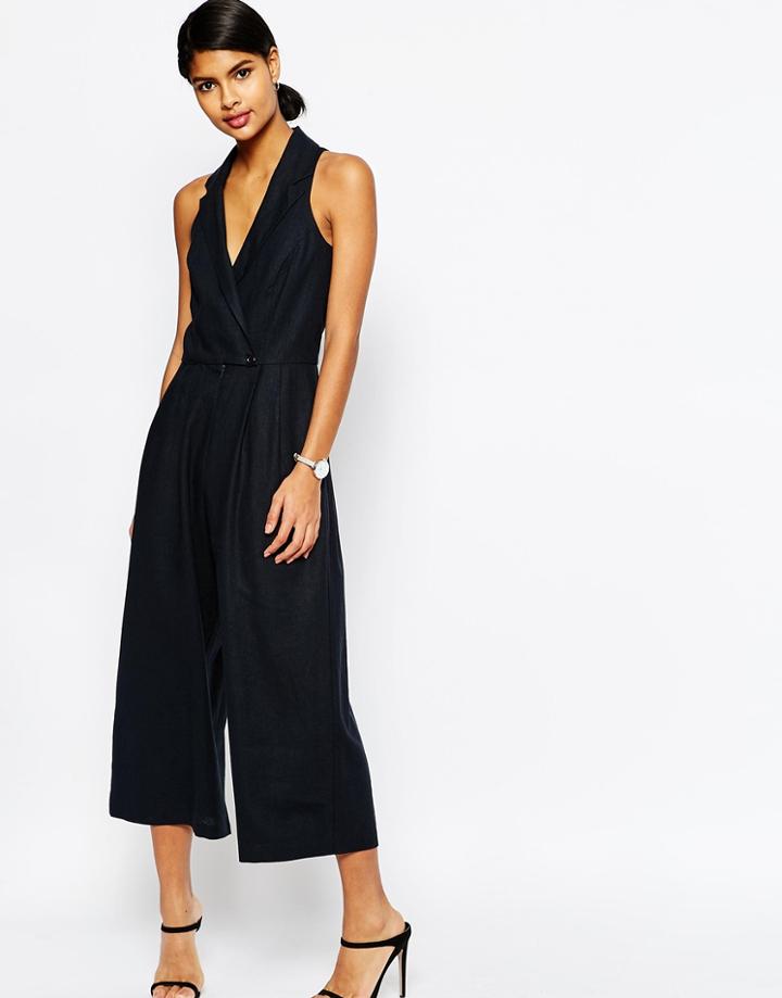Asos Sleeveless Jumpsuit In Linen - Navy