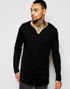 Asos Longline Long Sleeve T-shirt With Notch Neck And Curve Hem In Black - Black