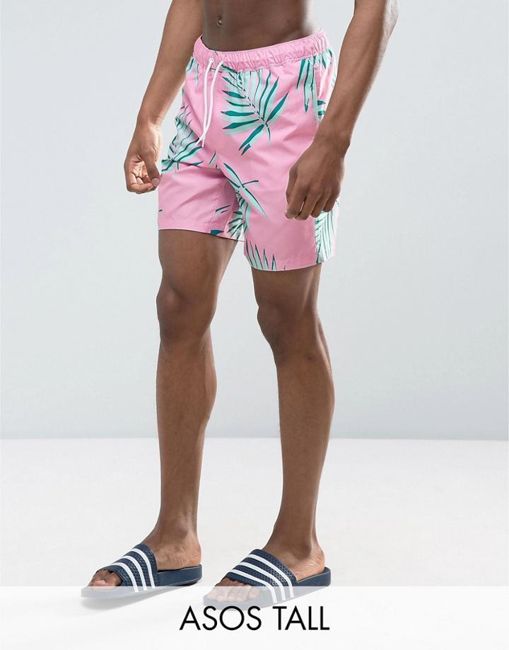 Asos Tall Swim Shorts With Floral Print In Mid Length - Pink